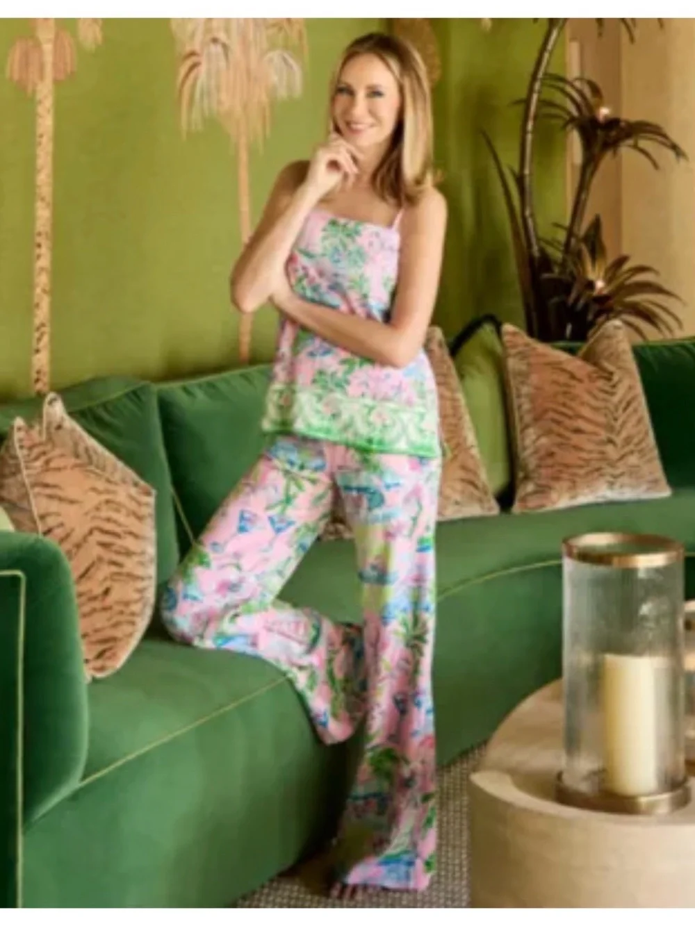Lilly Pulitzer Pink Green Floral Cotton PJ Camisole & Wide-Leg Set